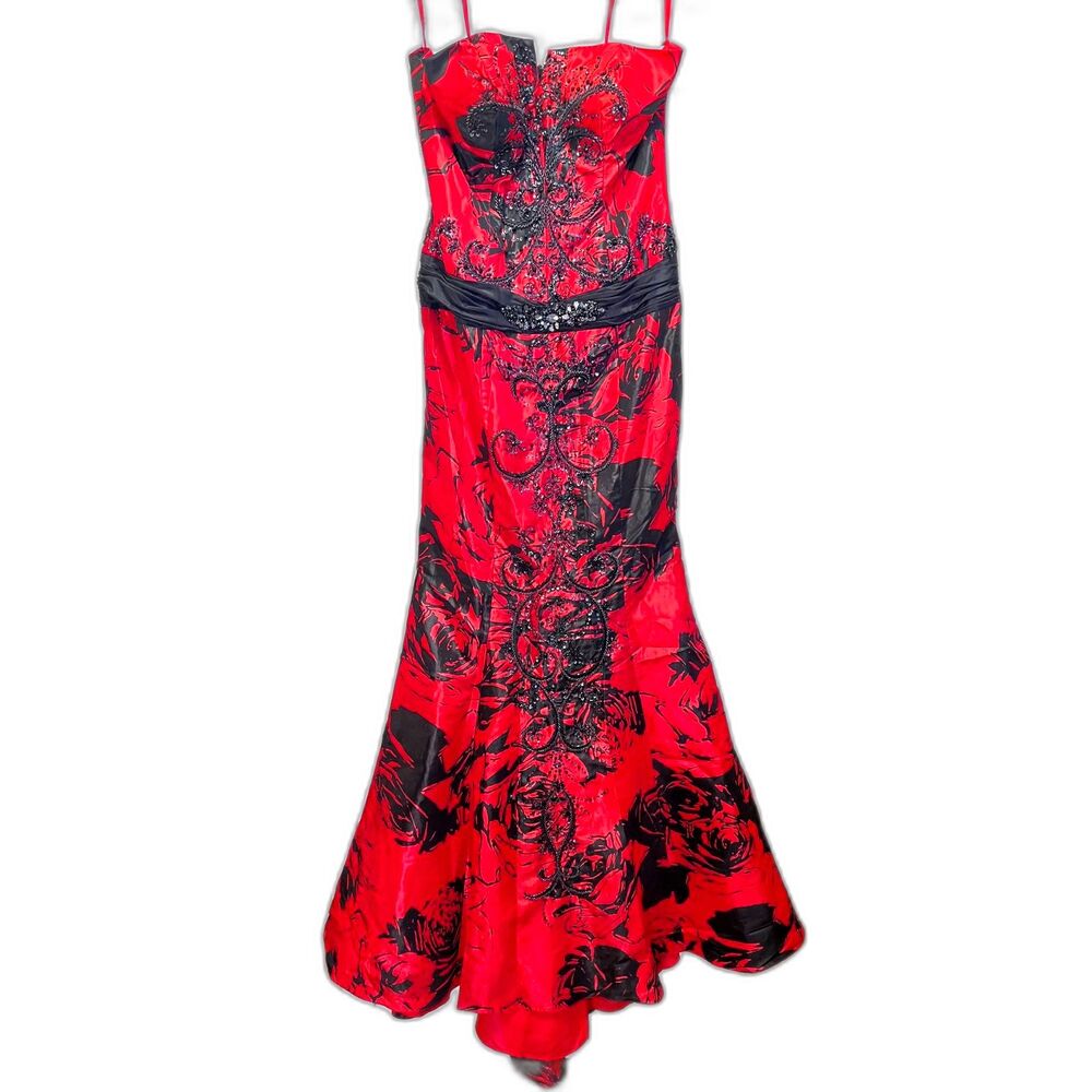 Cache Vintage Mermaid Style Prom Pageant Gown Red Black Sequins Size 8